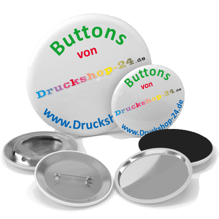 Buttons in verschiedenen Ausführungen und Größen von Druckshop-24.de
