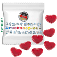 Fruchtgummi-Tütchen 10g (Form: Herzen), 4/4 farbig beidseitig bedruckt