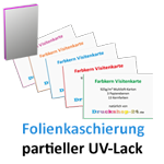 Multiloft-Visitenkarten hoch 50 x 90 mm einseitig folienkaschiert matt mit einseitig partieller UV-Lackierung, 4/0 farbig (einseitiger Druck)